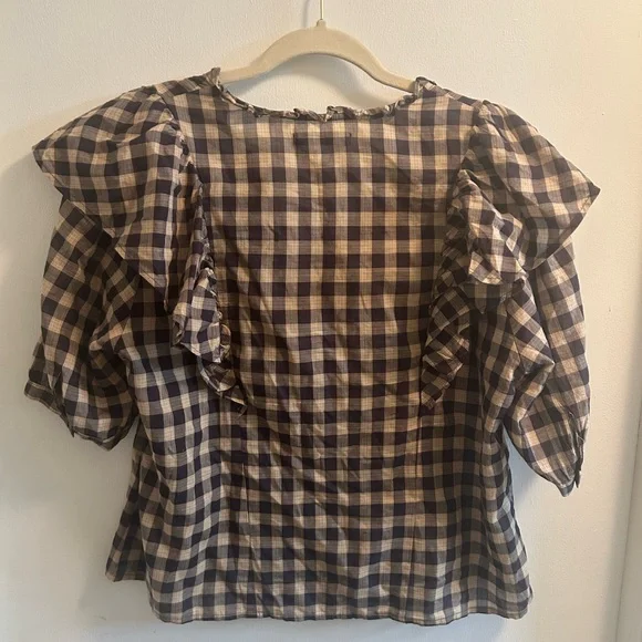 Citizens of Humanity Jolene Blouse Black and Cream Gingham Ruffle Top Size Large - Picture 3 of 6